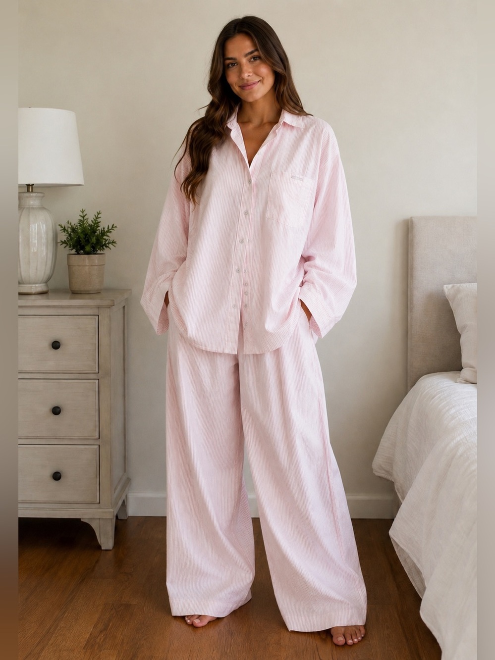 SKIMS Oversized Stretch Cotton Stripe Pajama Set | Cherry Blossom Stripe | S